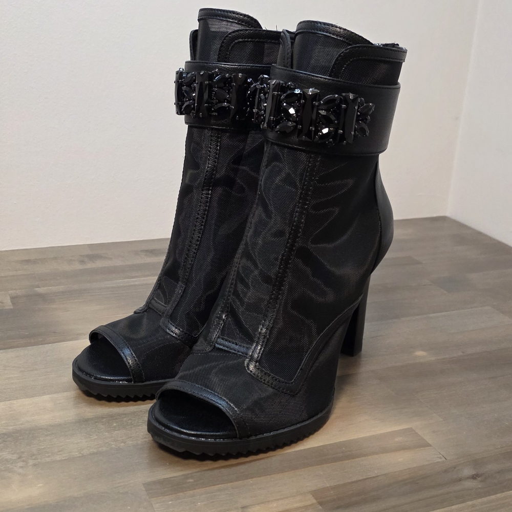 Black Mesh High-Heel Ankle Boot with Embellished Strap - Picture 3 of 12